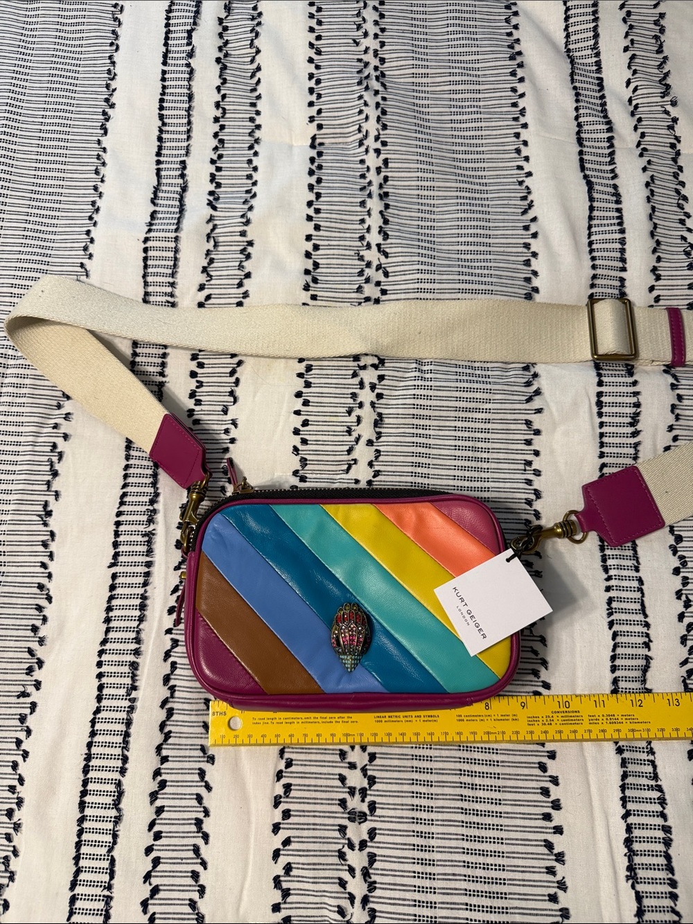 NWT Kurt Geiger London Dual Zip Kensington Rainbow Stripe Leather Camera Bag